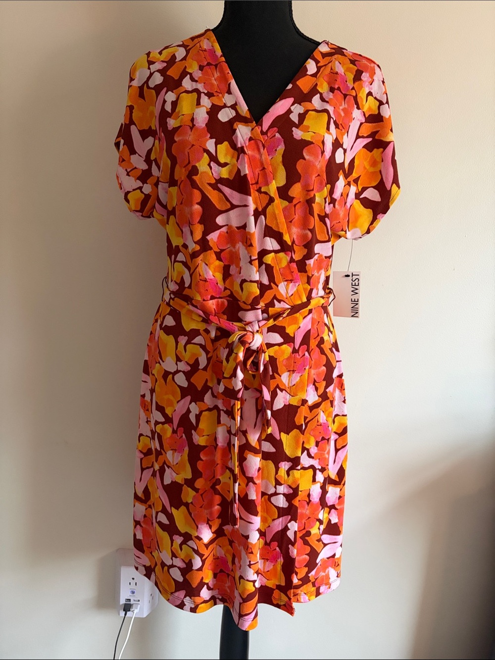 NWT Nine West Multicolor Floral Wrap Dress - Burgundy, Pink, Orange, Yellow sz L